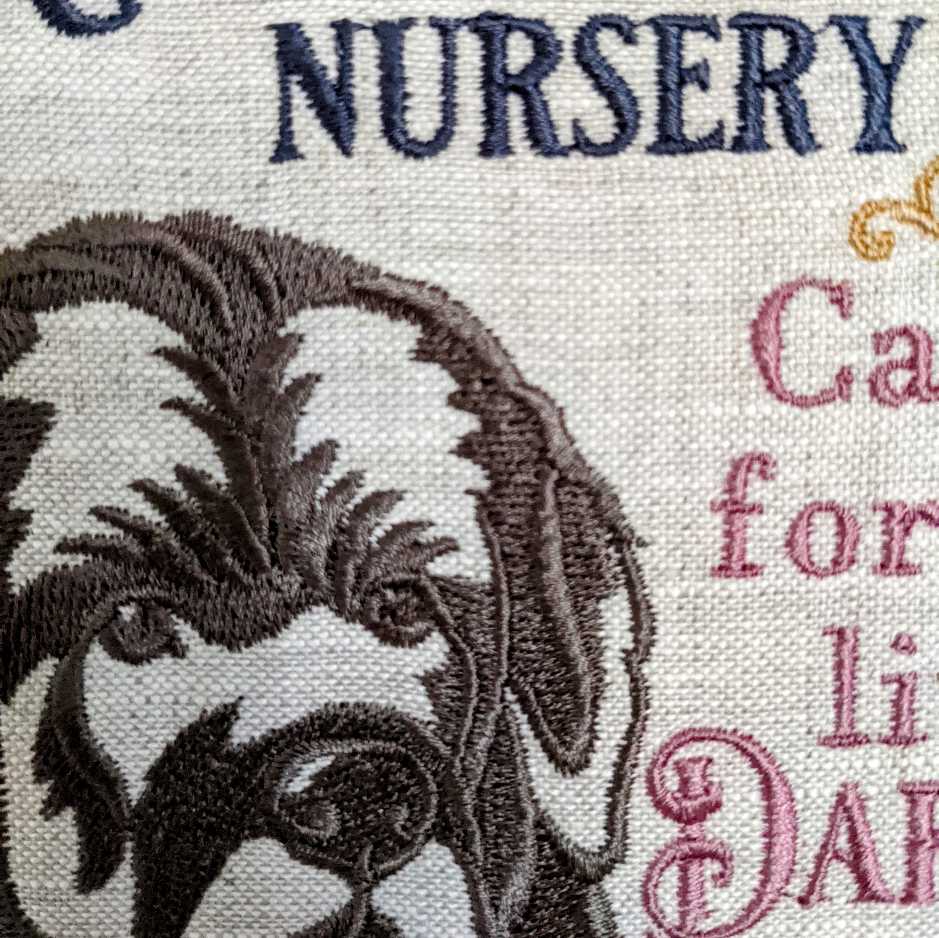 Nana's nursery, inspired from the book of Peter Pan. Machine embroidered hoop 8"