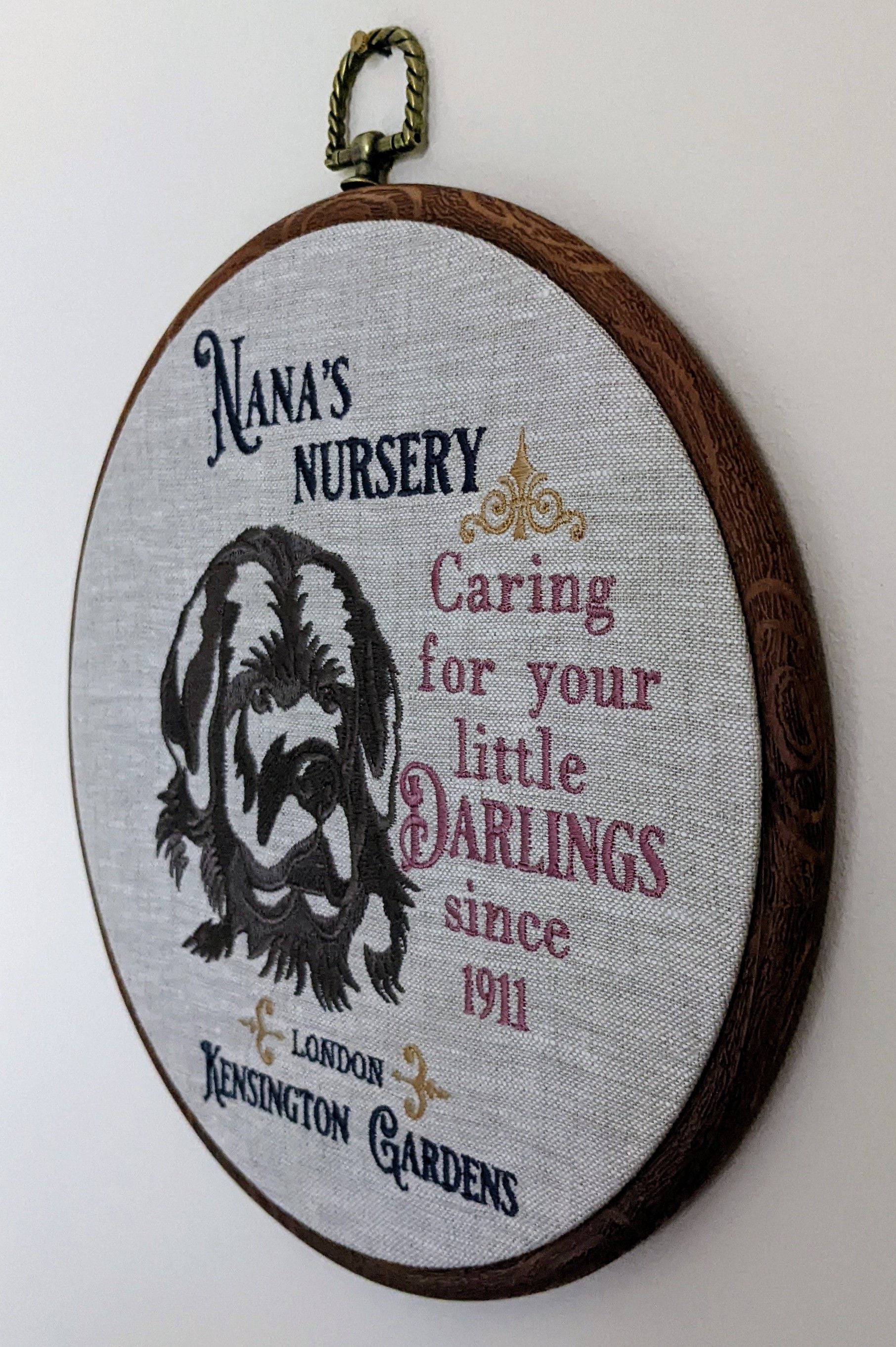 Nana's nursery, inspired from the book of Peter Pan. Machine embroidered hoop 8"
