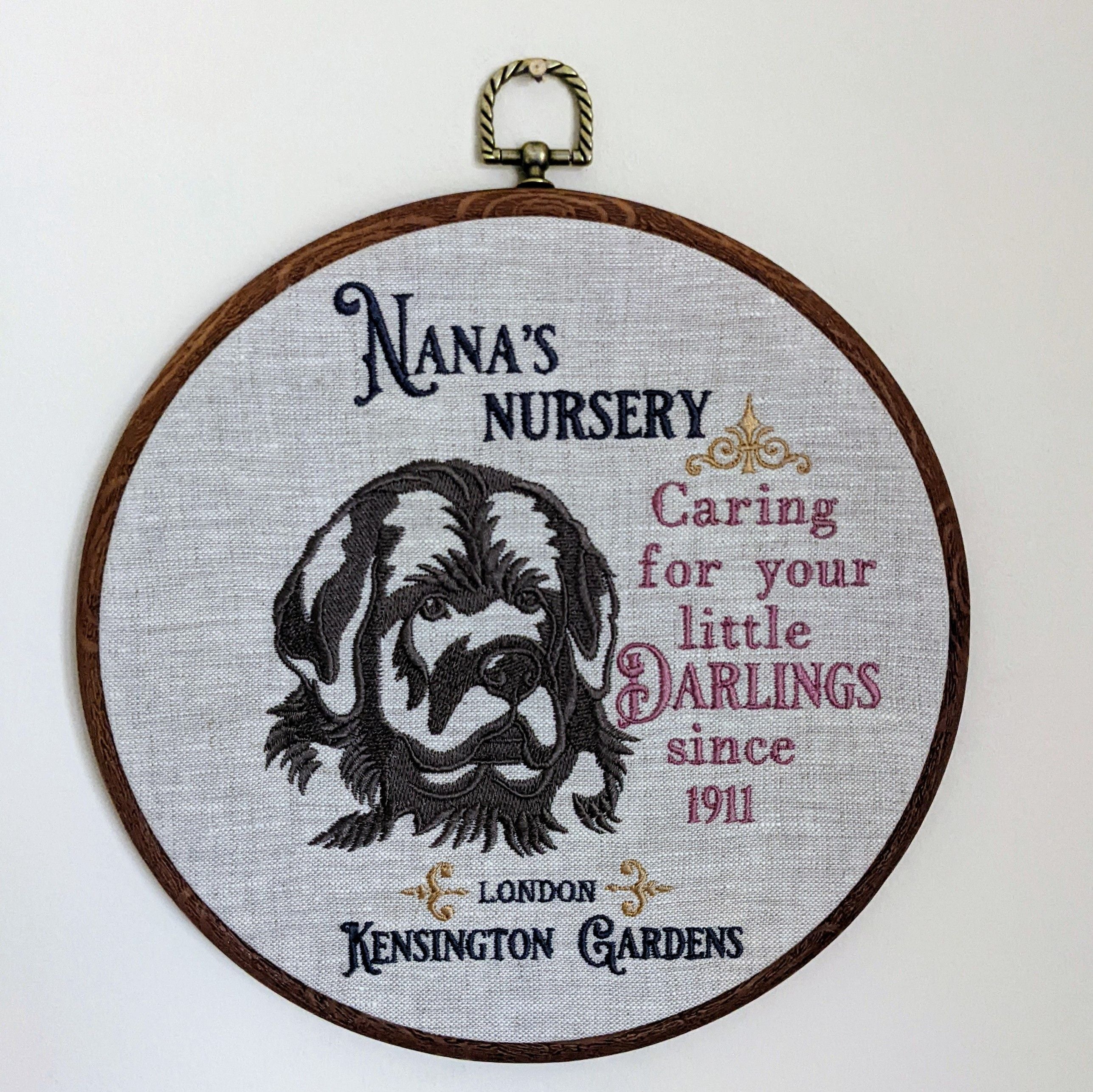 Nana's nursery, inspired from the book of Peter Pan. Machine embroidered hoop 8"