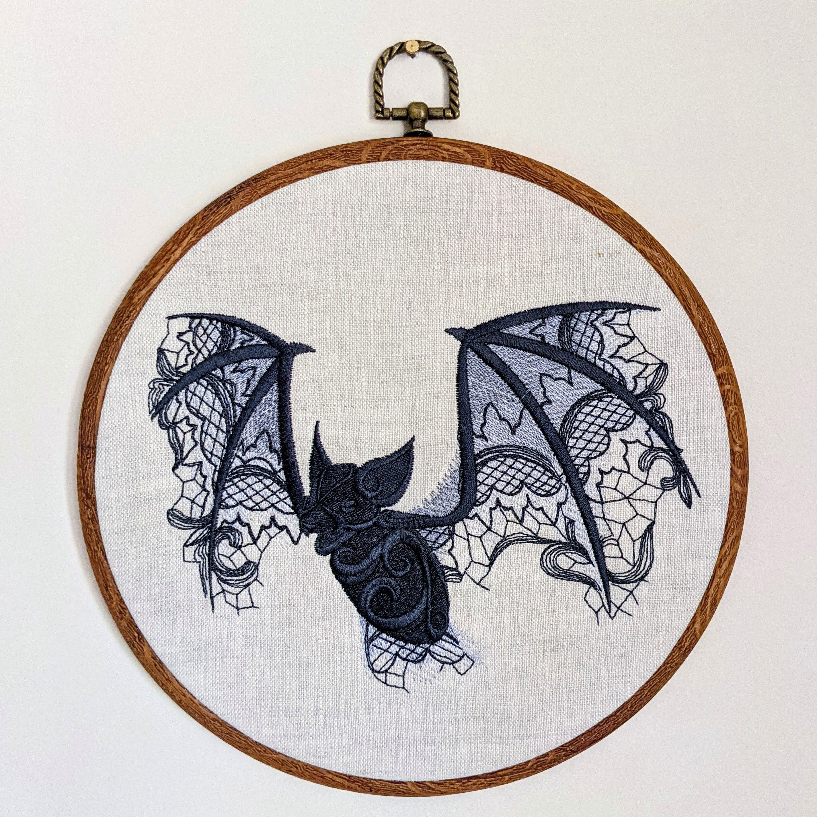 Lace Bat tonal greys onto natural linen, Hoop Art, machine embroidered 8" hoop