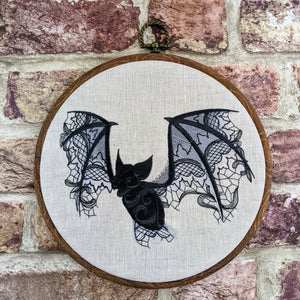 Lace Bat tonal greys onto natural linen, Hoop Art, machine embroidered 8" hoop