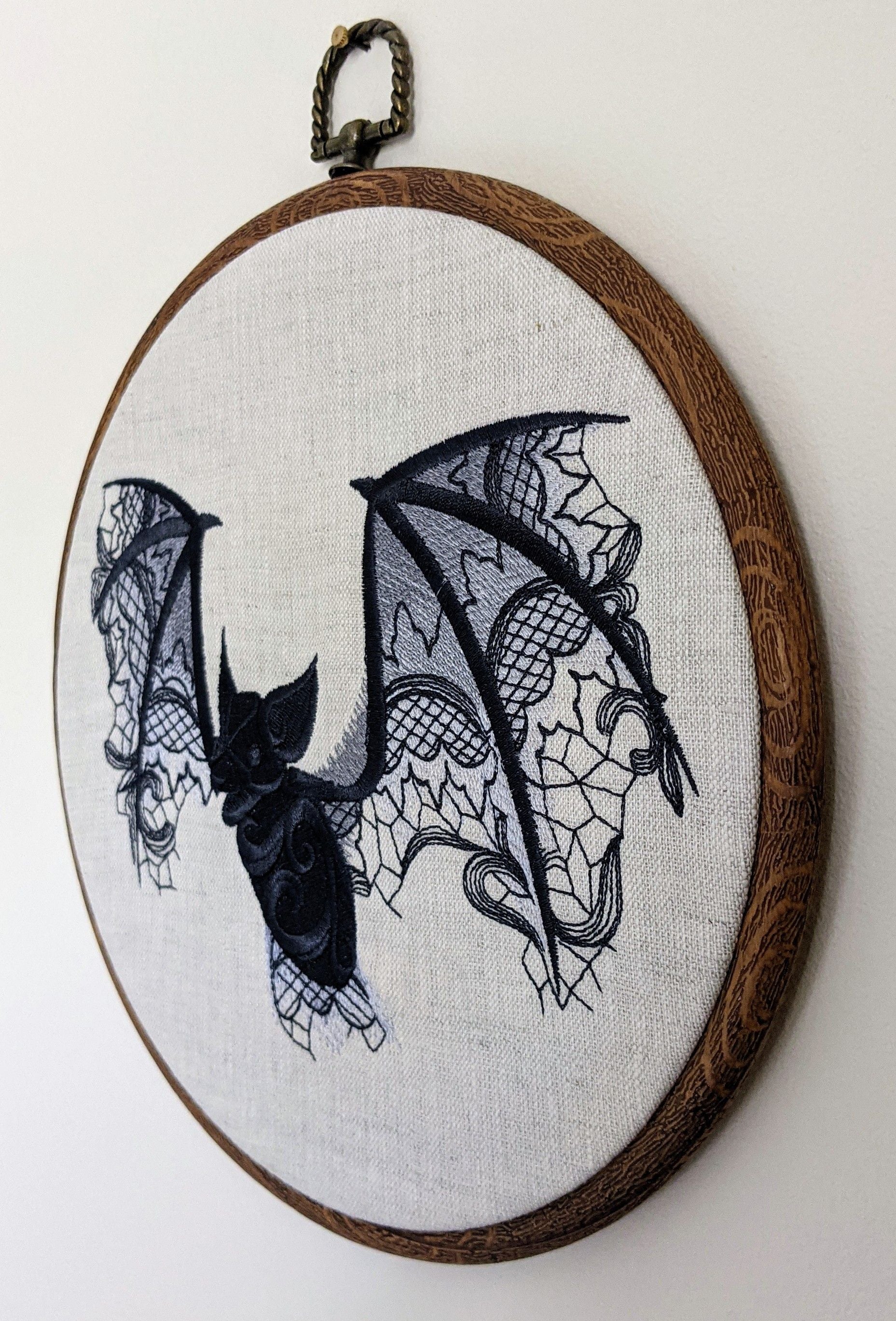 Lace Bat tonal greys onto natural linen, Hoop Art, machine embroidered 8" hoop