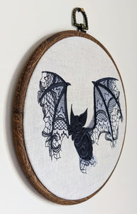 Lace Bat tonal greys onto natural linen, Hoop Art, machine embroidered 8" hoop