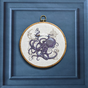 Kraken shipwreck scene embroidered onto natural linen, 8" hoop machine embroidery hoop art,