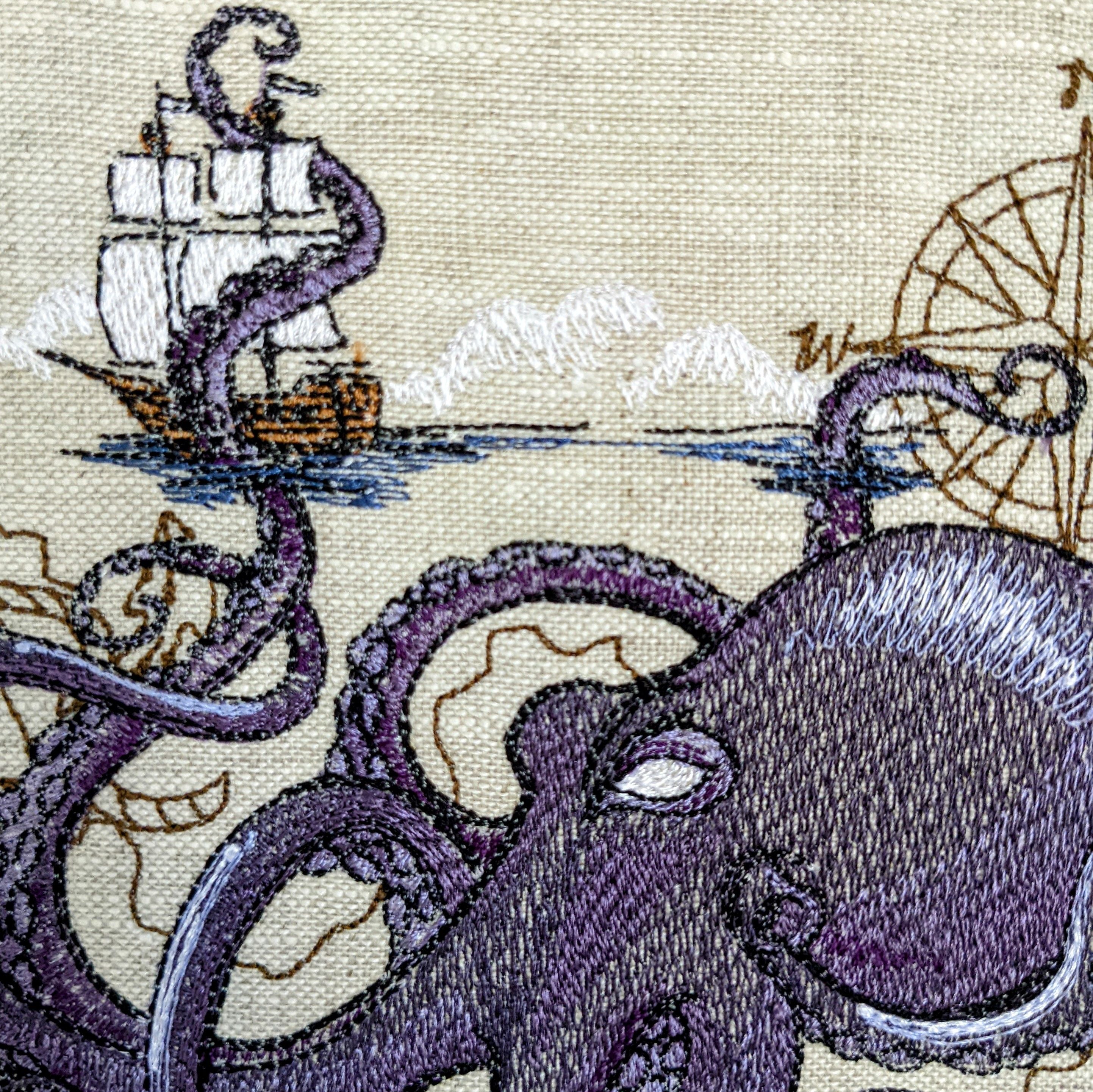 Kraken shipwreck scene embroidered onto natural linen, 8" hoop machine embroidery hoop art,