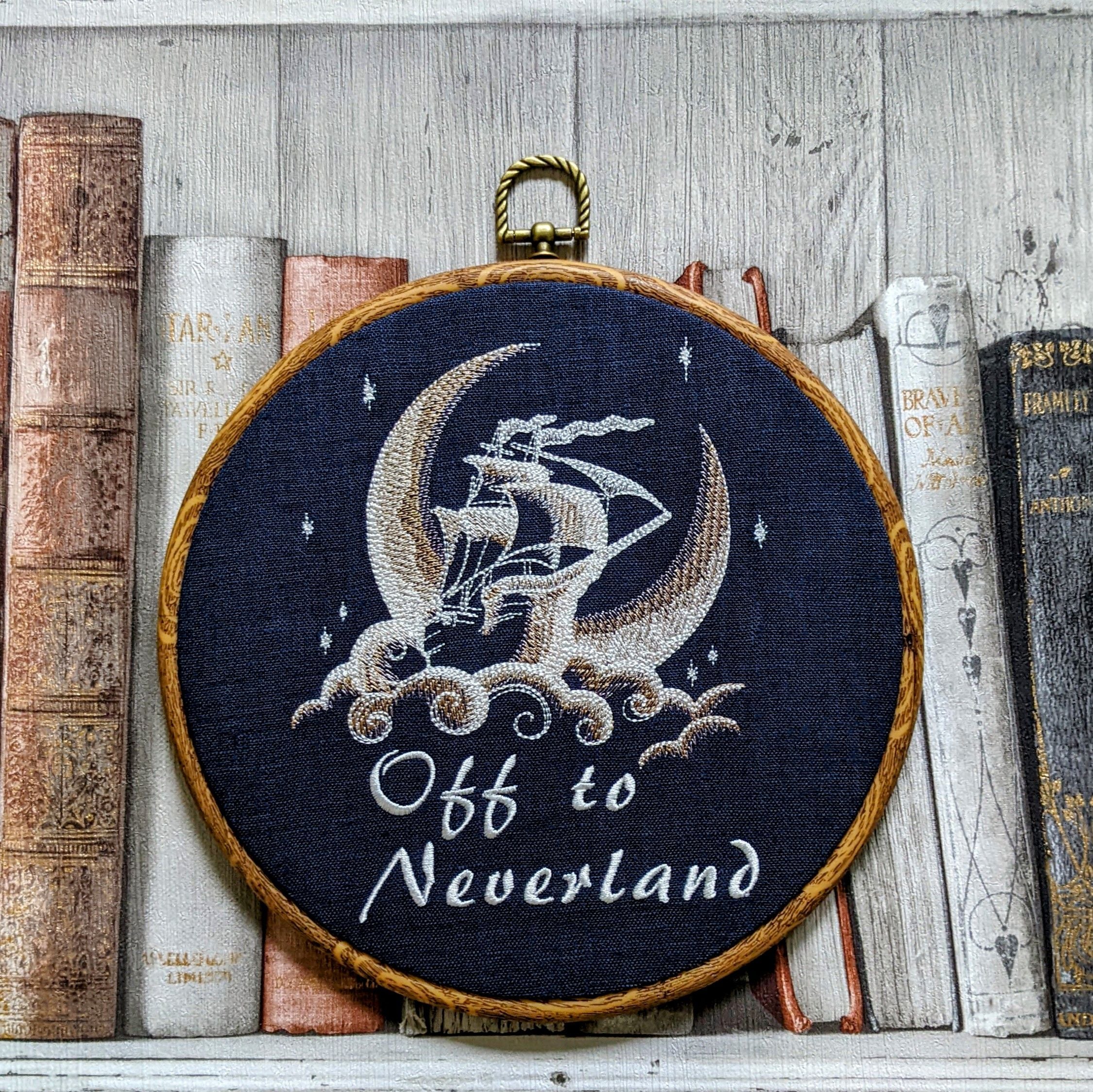 Off to Neverland, Peter Pan book quote, 8" machine embroidered hoop,
