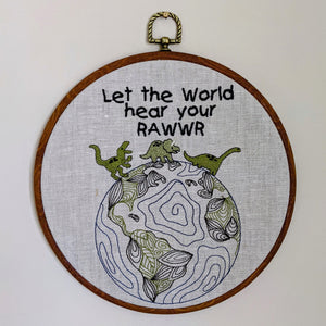 Let the world hear your RAWWR. Dinosaur Machine embroidered 8" hoop