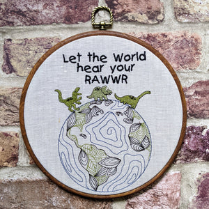 Let the world hear your RAWWR. Dinosaur Machine embroidered 8" hoop