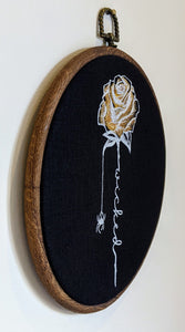 Gold gothic rose with spider, Wicked. Machine embroidered 8" hoop