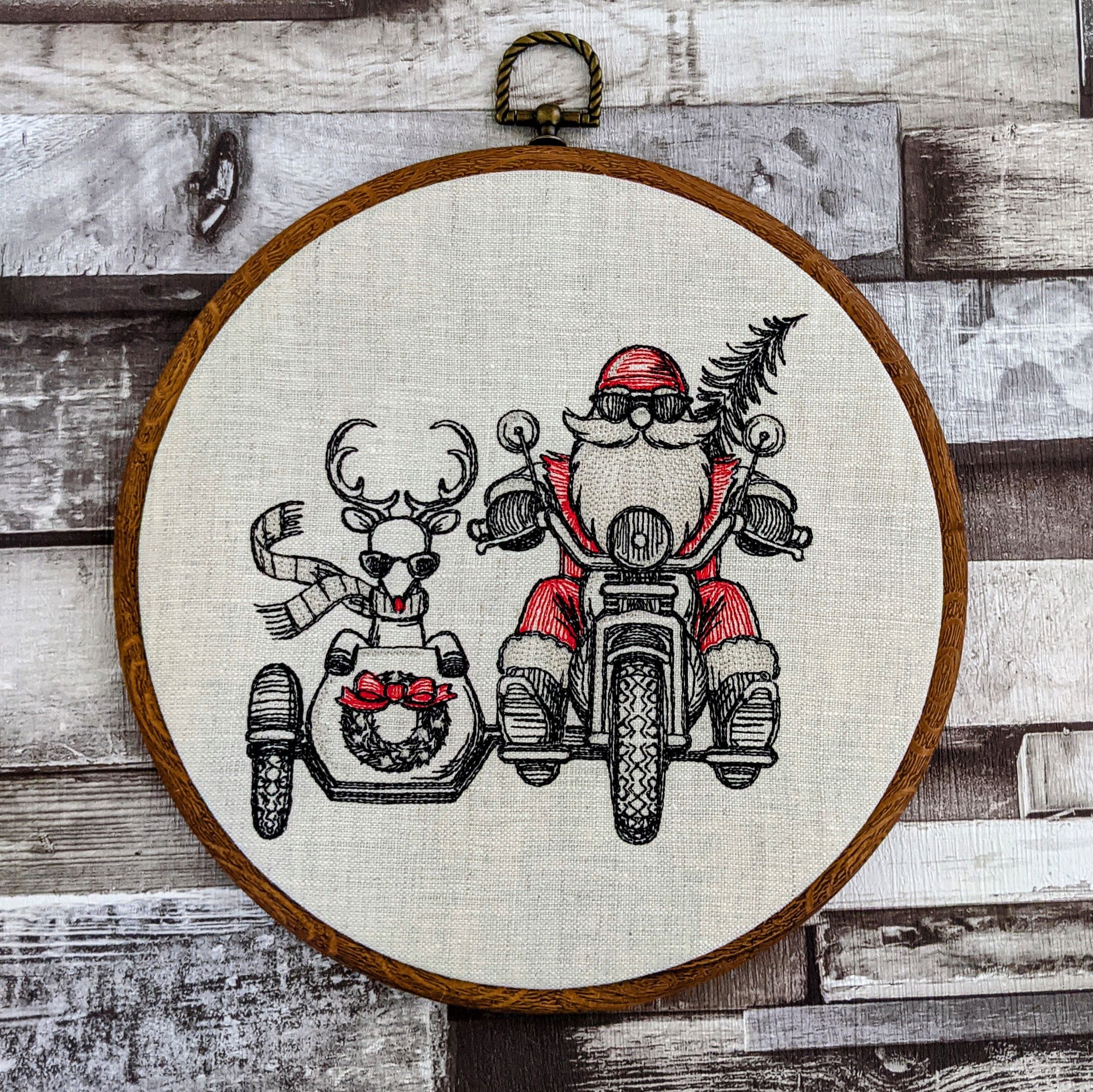 Santa and Rudolf sidecar. Christmas machine embroidery 8" hoop