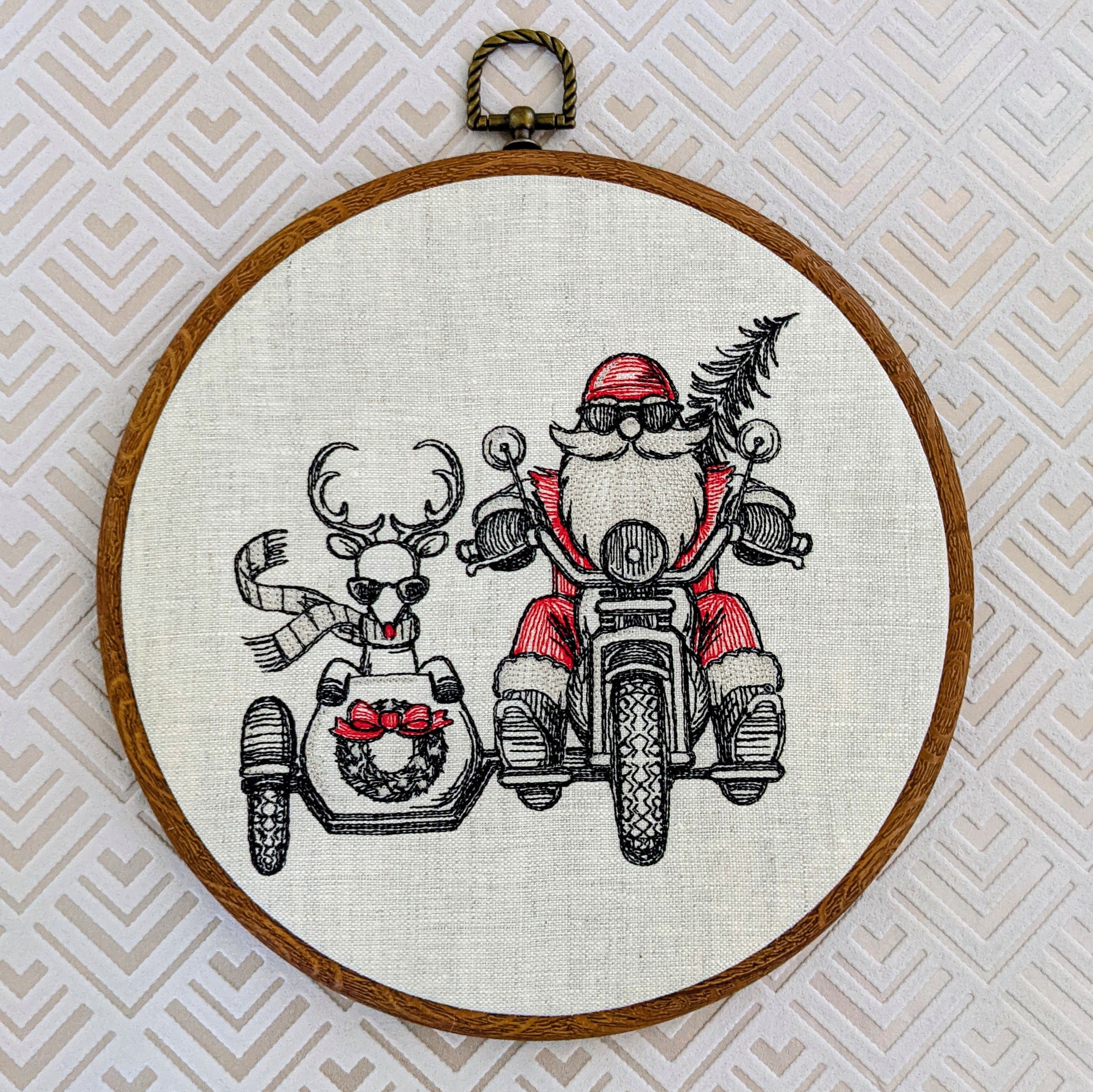 Santa and Rudolf sidecar. Christmas machine embroidery 8" hoop