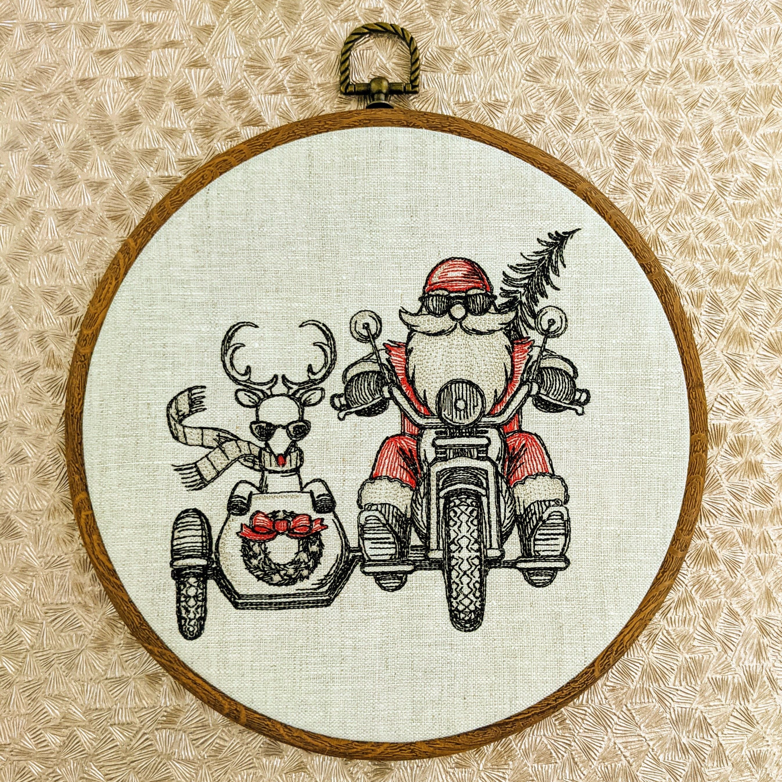 Santa and Rudolf sidecar. Christmas machine embroidery 8" hoop