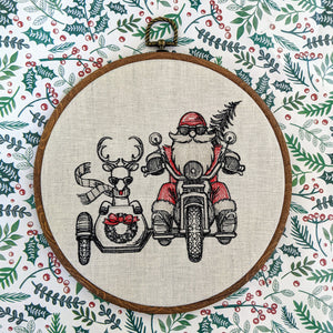 Santa and Rudolf sidecar. Christmas machine embroidery 8" hoop
