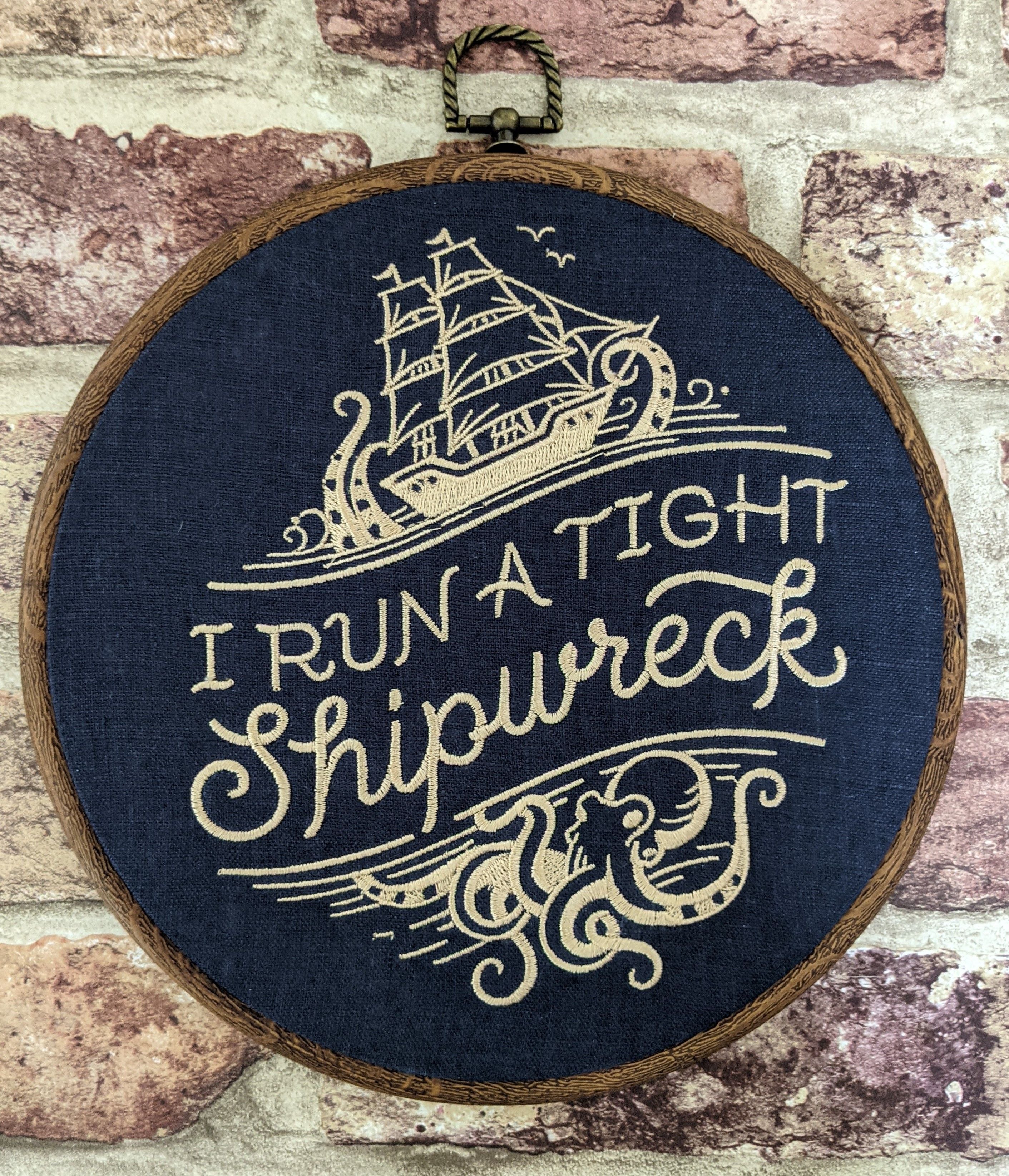 I run a tight shipwreck, 8" hoop machine embroidery hoop art,