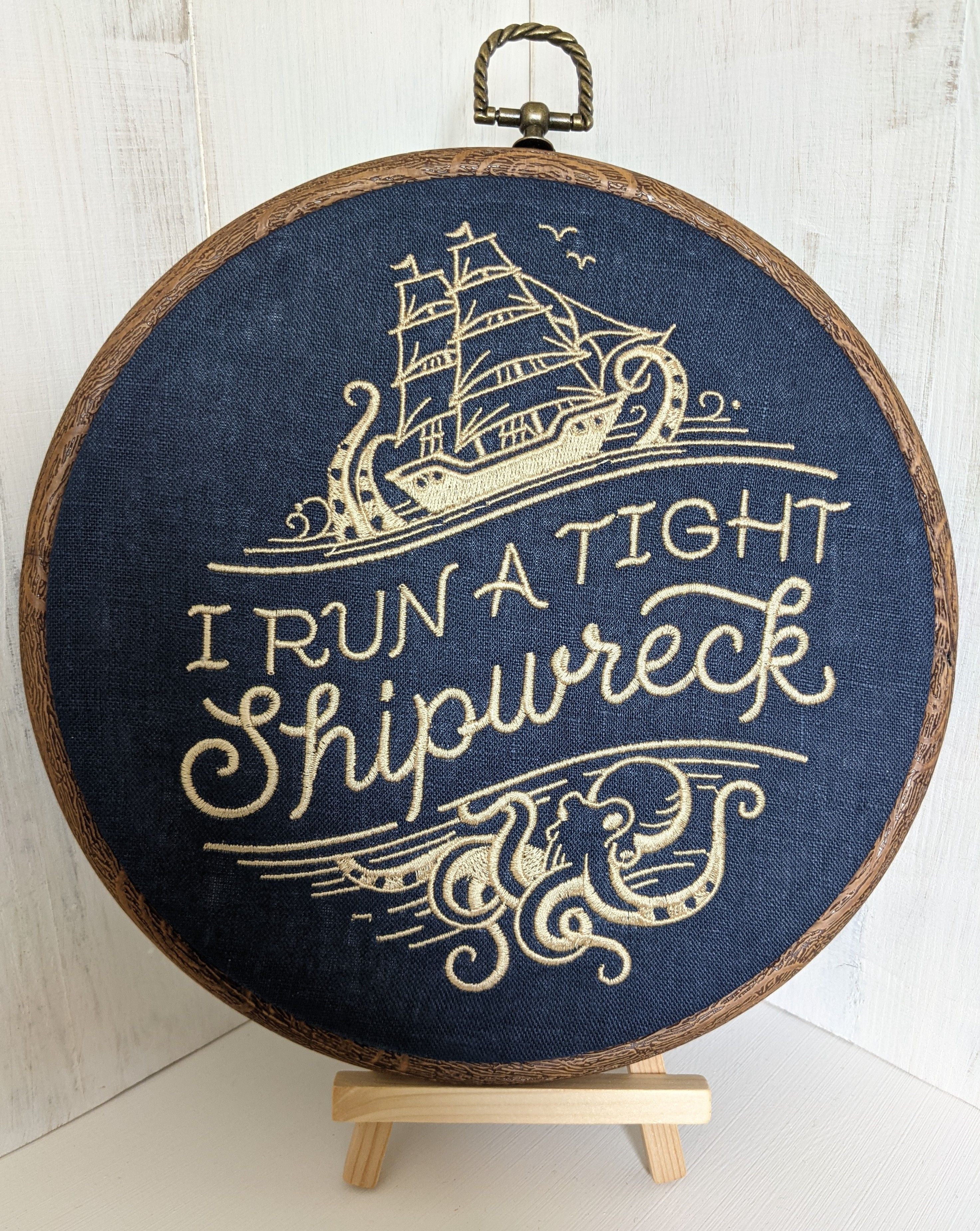 I run a tight shipwreck, 8" hoop machine embroidery hoop art,
