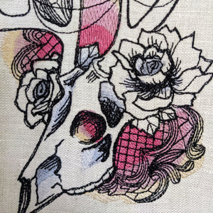 Gothic Deer Skull, embroidery art. Machine embroidery 8" hoop art