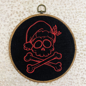 Skull and cross bones Santa. Christmas machine embroidery 8" hoop.