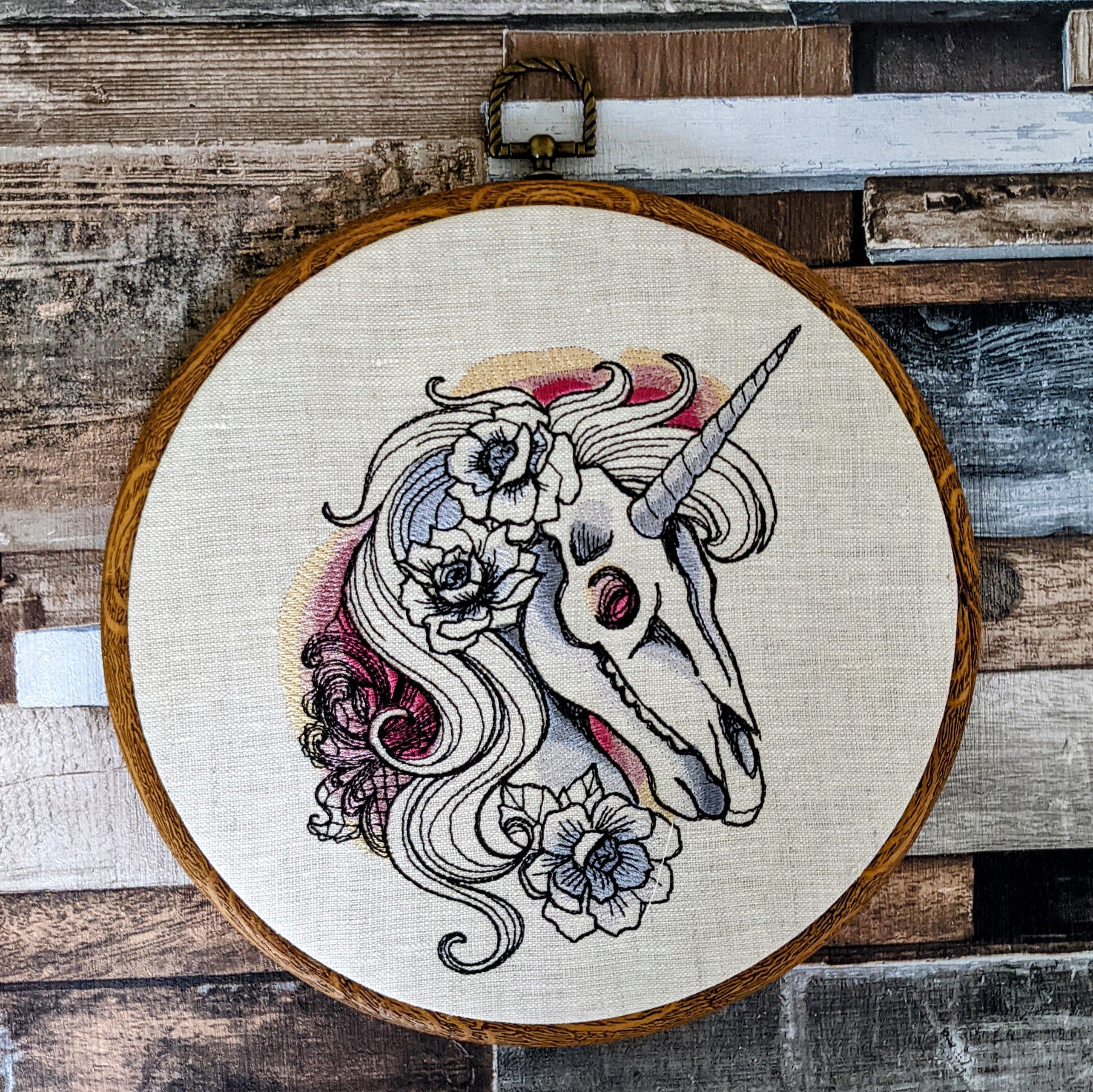 Gothic Unicorn Skull, embroidery art. Machine embroidery 8" hoop art