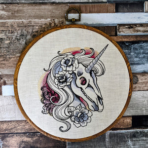 Gothic Unicorn Skull, embroidery art. Machine embroidery 8" hoop art