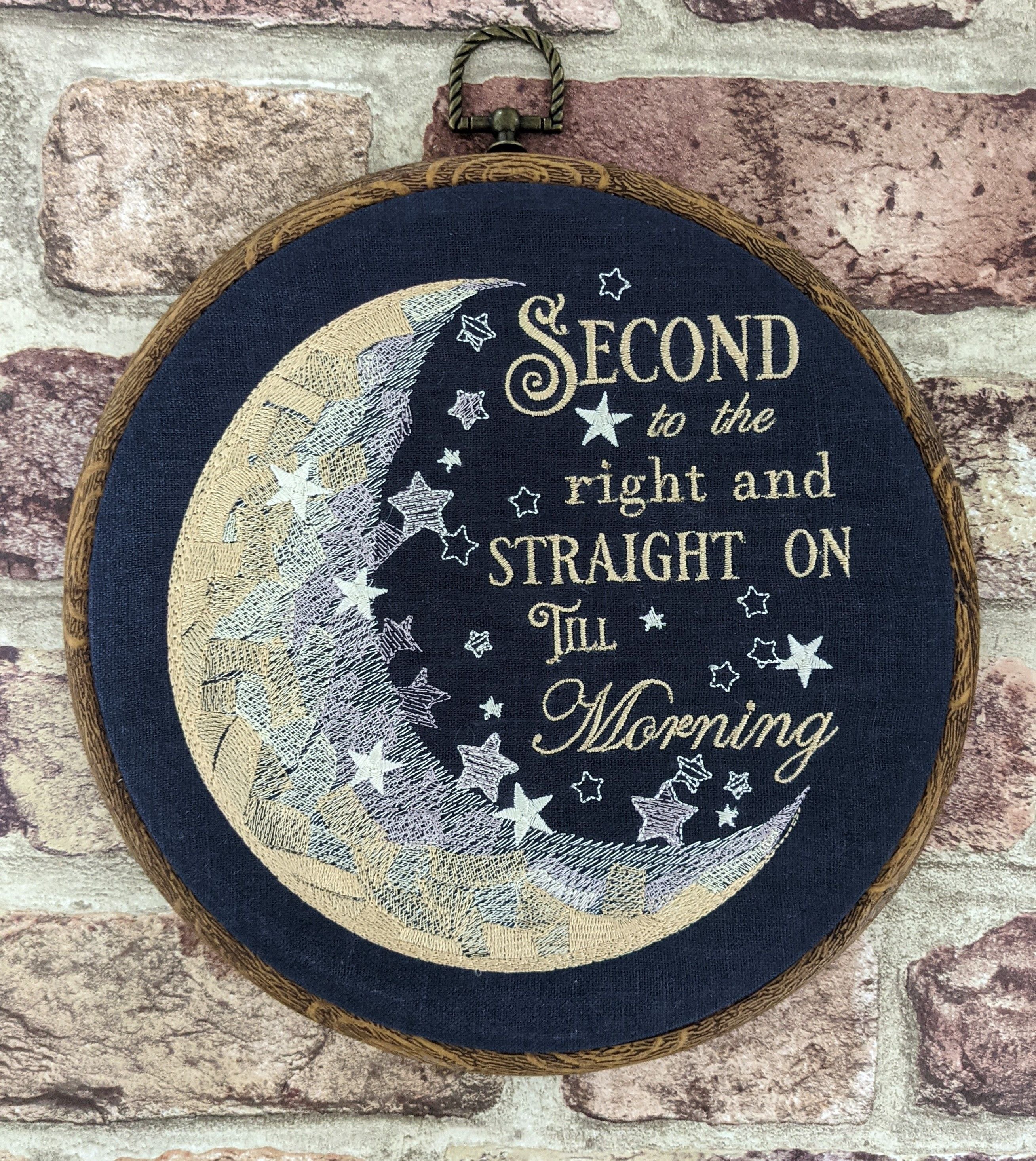 Second to the right and straight on till morning, Peter Pan book quote, 8" machine embroidered hoop,