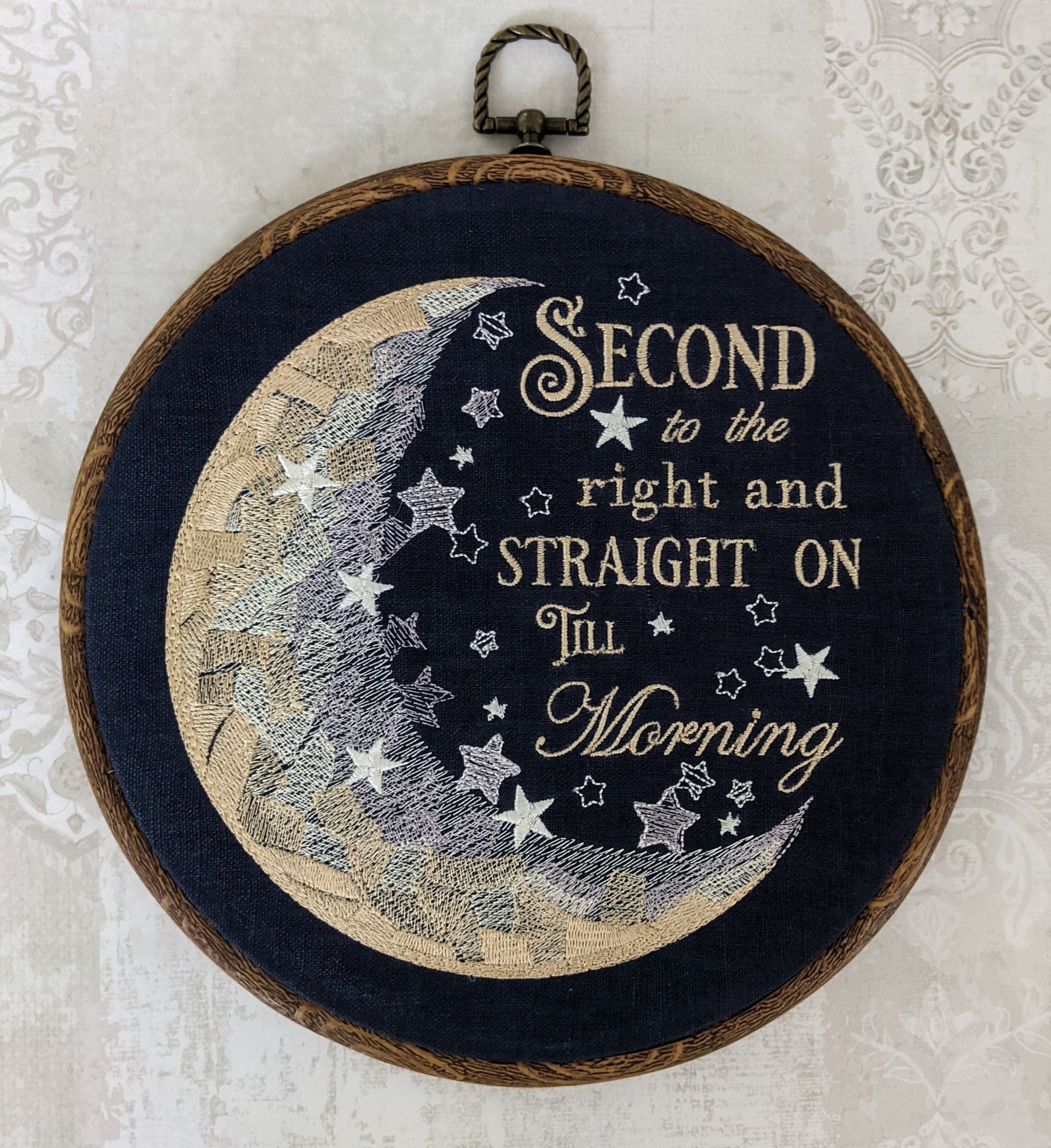 Second to the right and straight on till morning, Peter Pan book quote, 8" machine embroidered hoop,