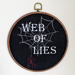 Web of lies. Machine embroidered 8" hoop art