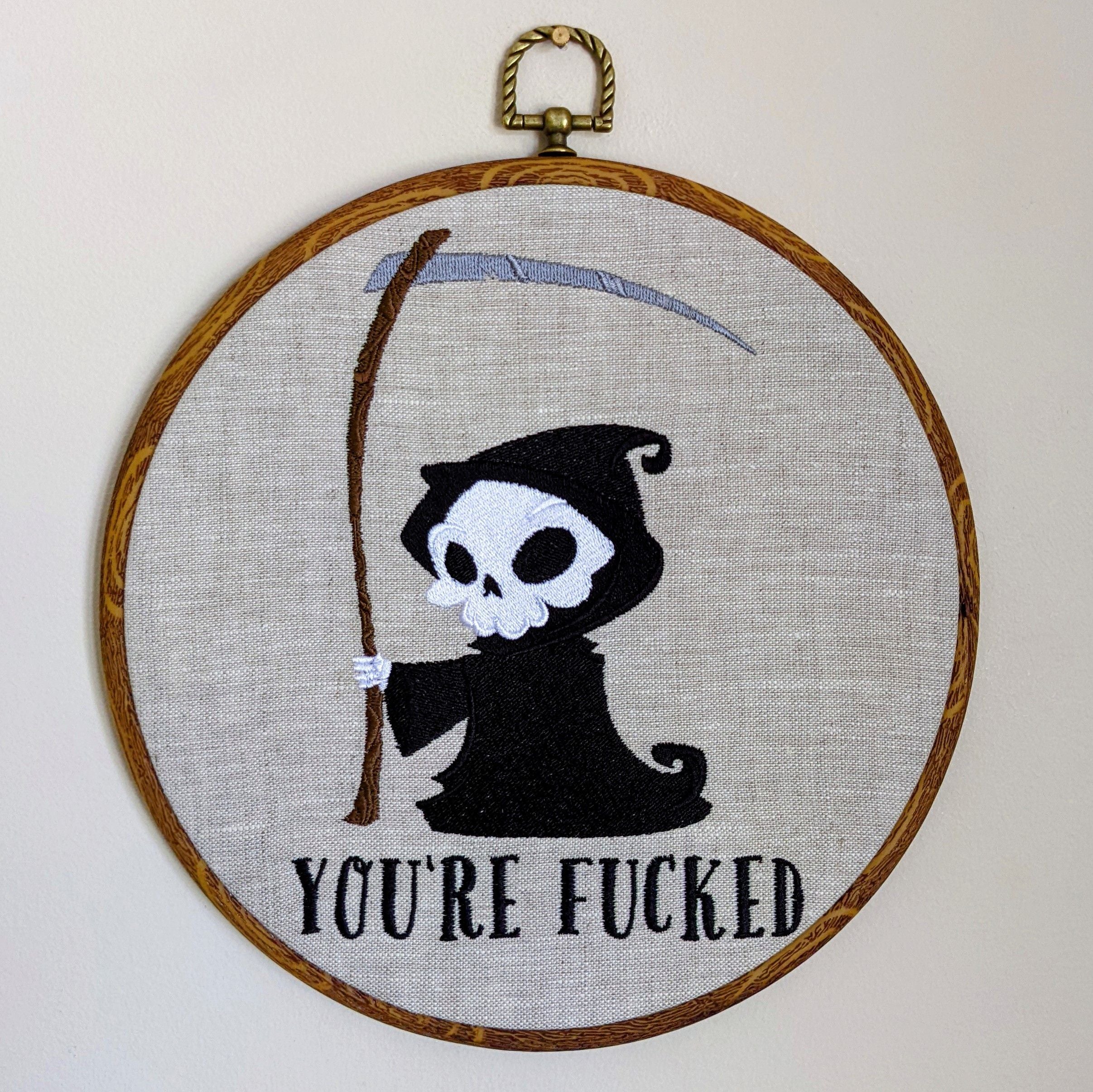 You're Fucked. Grim reaper, Machine embroidery 8" hoop
